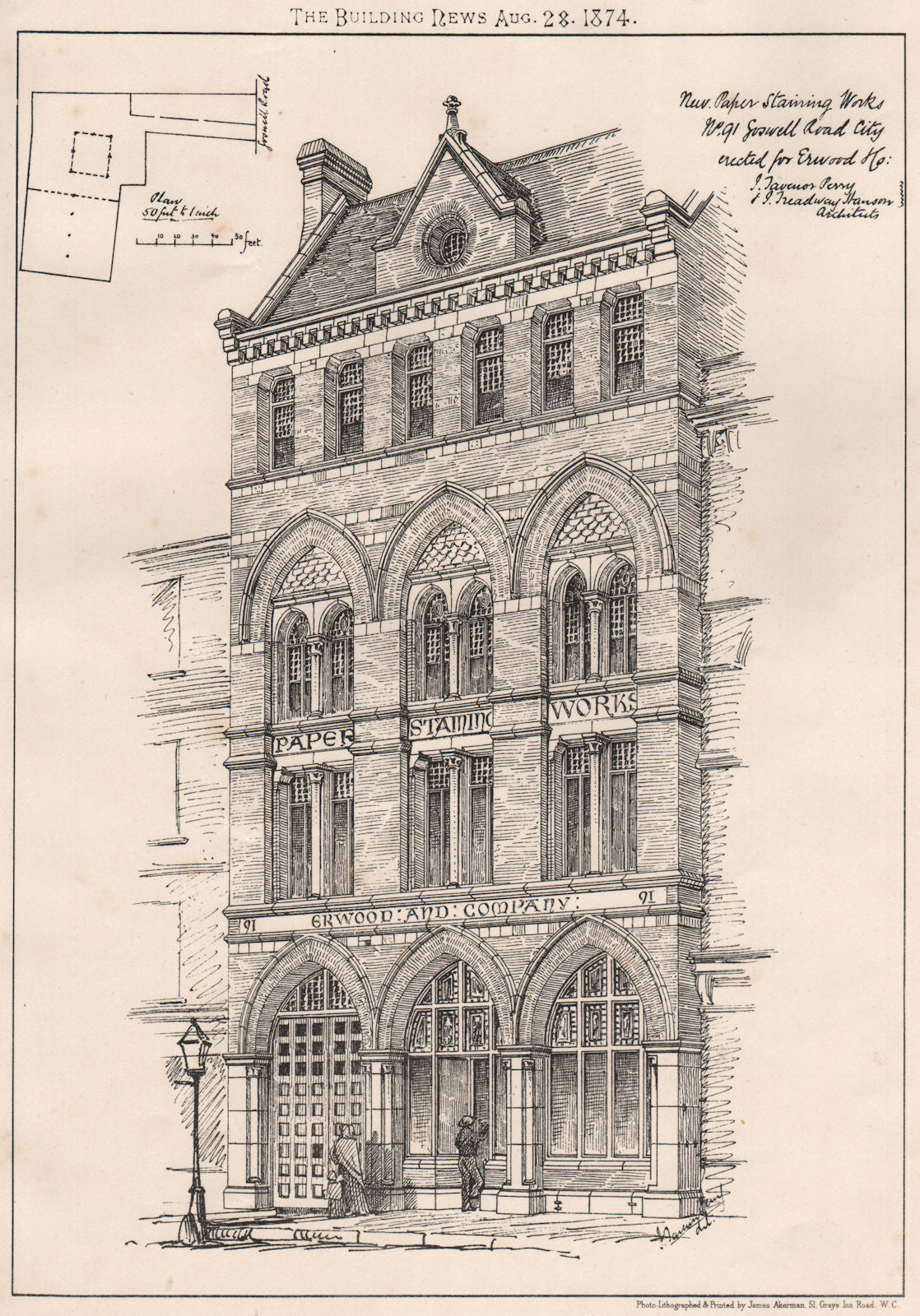 New paper staining works no. 91 Goswell Road, City . London 1874 old print